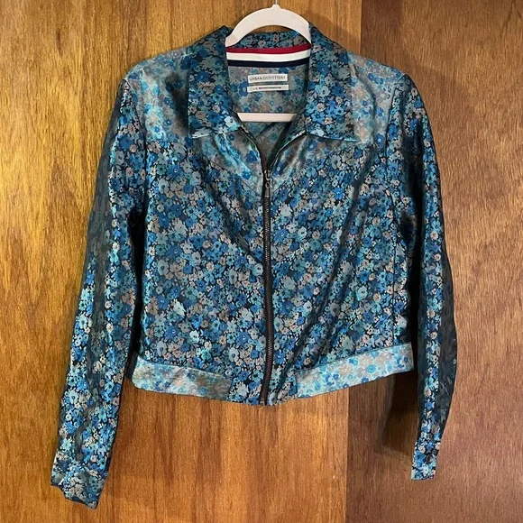 URBAN OUTFITTERS Iridescent Blue Floral Jacket Sz L - Picture 1 of 6